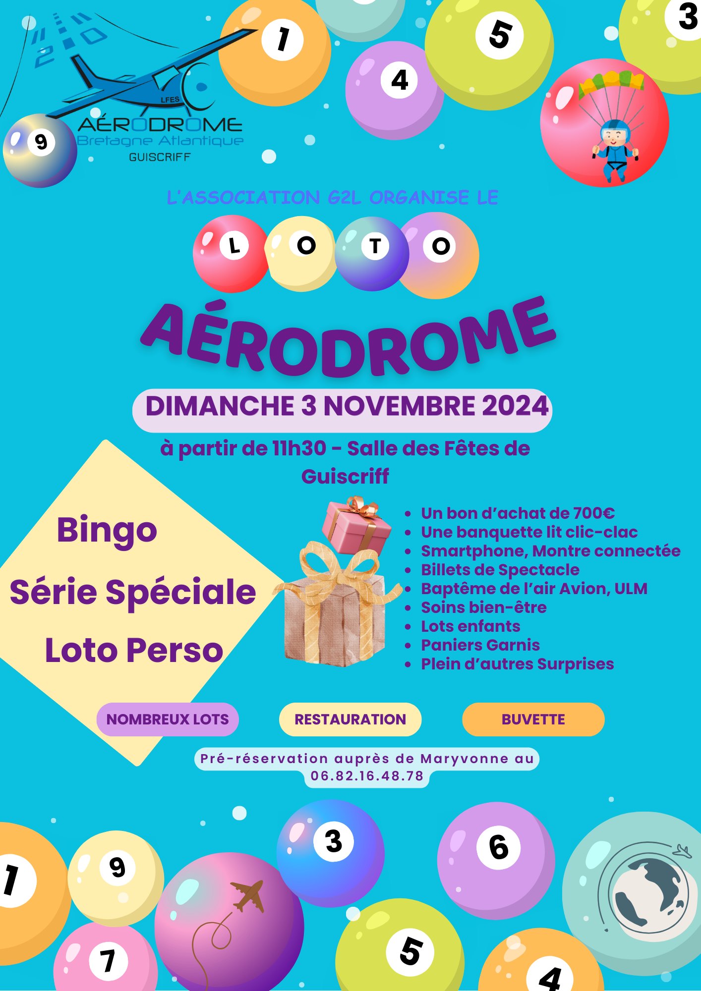 Affiche du Loto Aérodrome 2024 organisé par l’association G2L à la salle des fêtes de Guiscriff, avec de nombreux lots à gagner.