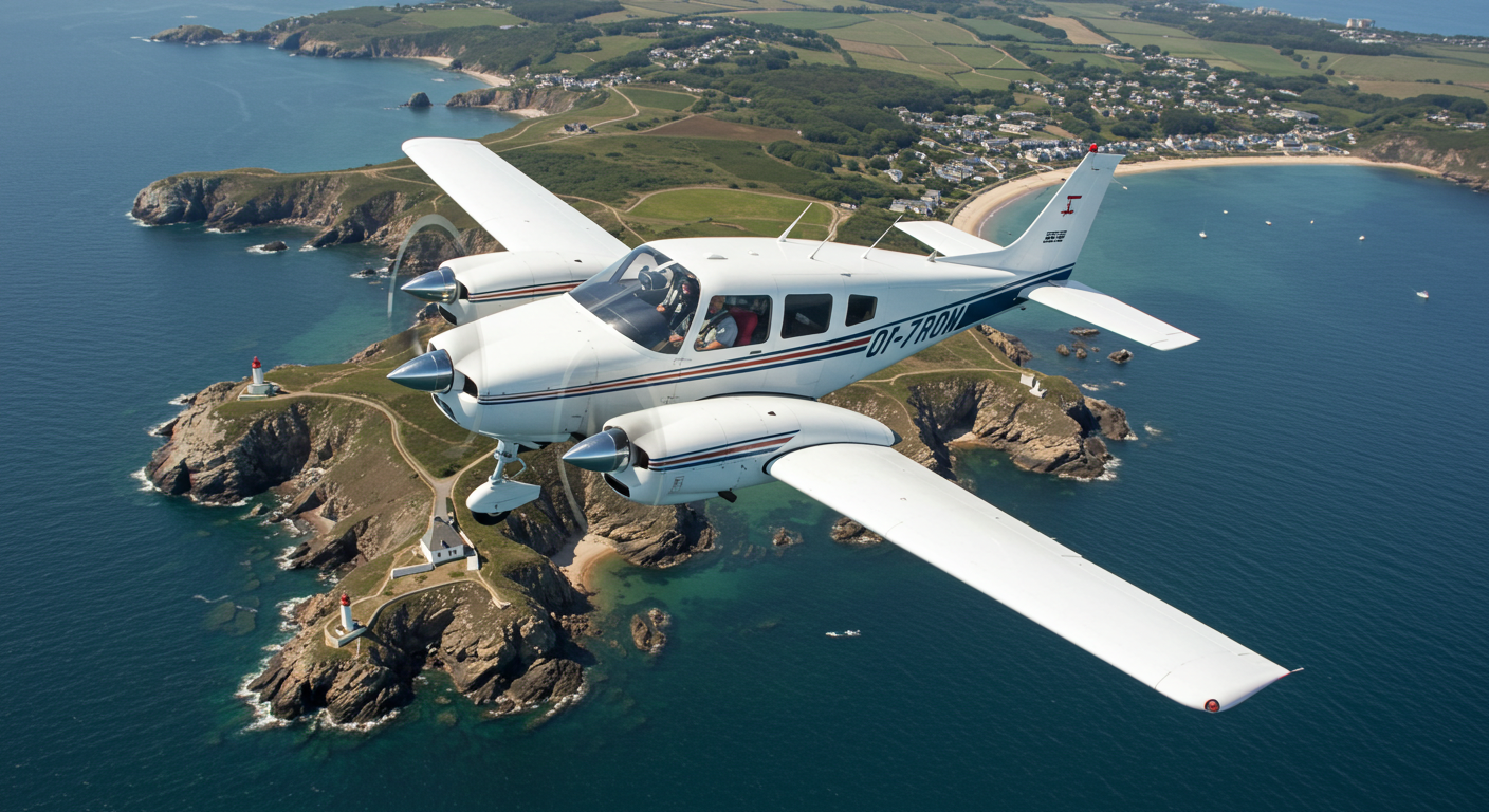 Piper Aztec bimoteur équipé d’une caméra haute résolution pour la photographie aérienne, survolant la côte bretonne avec un pilote et un photographe à bord.