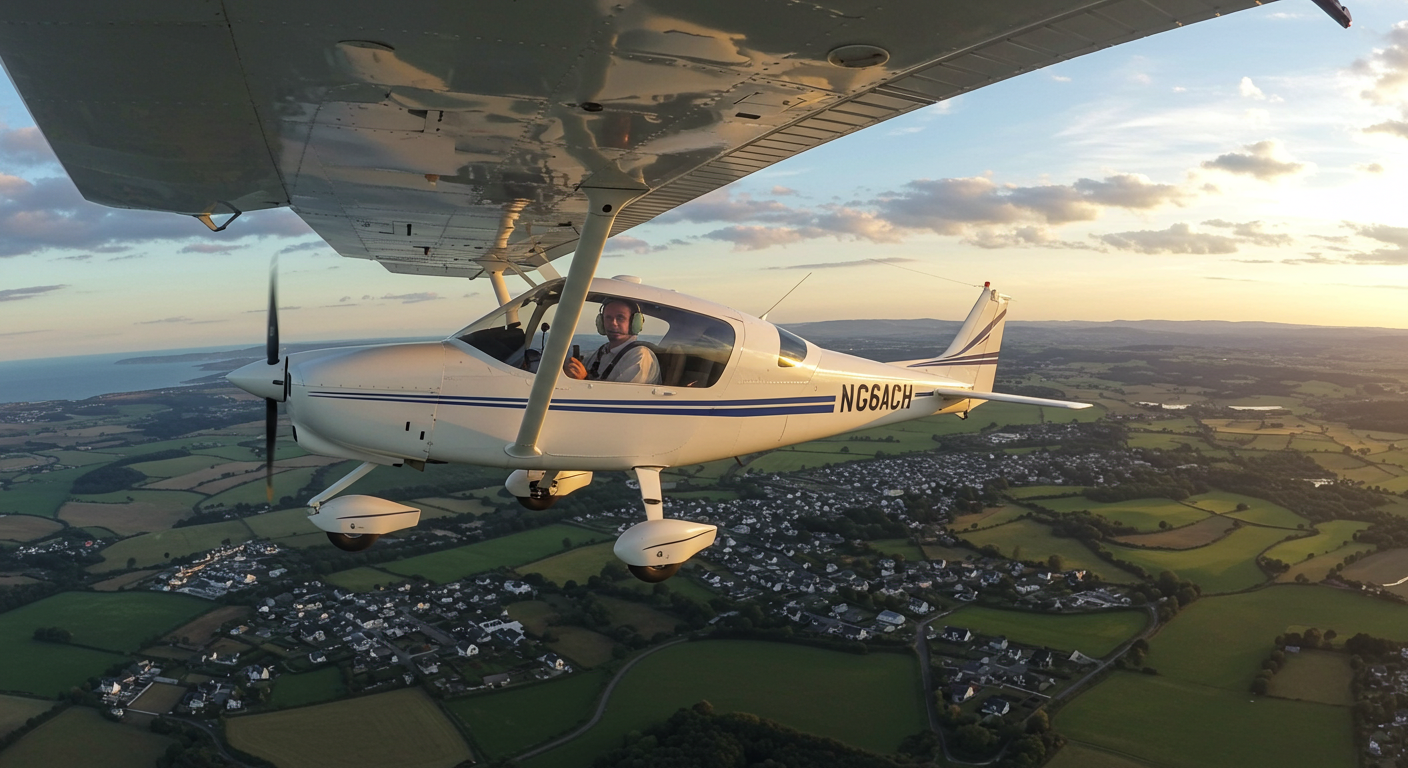 Un avion léger survole la Bretagne avec un passager à bord, profitant d’un vol découverte dans un ciel dégagé.