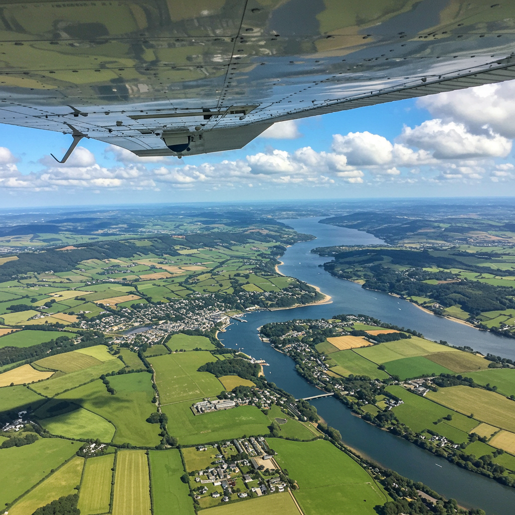 Vue aérienne de la campagne bretonne et d’un estuaire depuis un avion léger, illustrant l’expérience d’un baptême de l’air à l’Aérodrome Bretagne Atlantique.