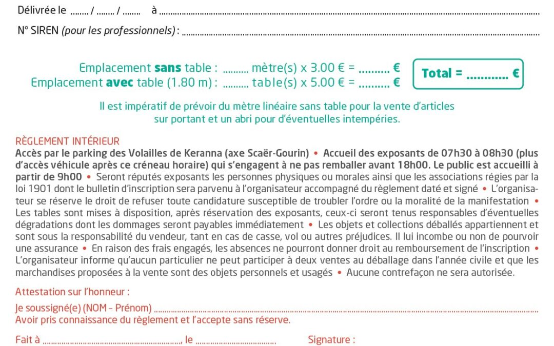 Bulletin d’Inscription Troc et Puces 2024