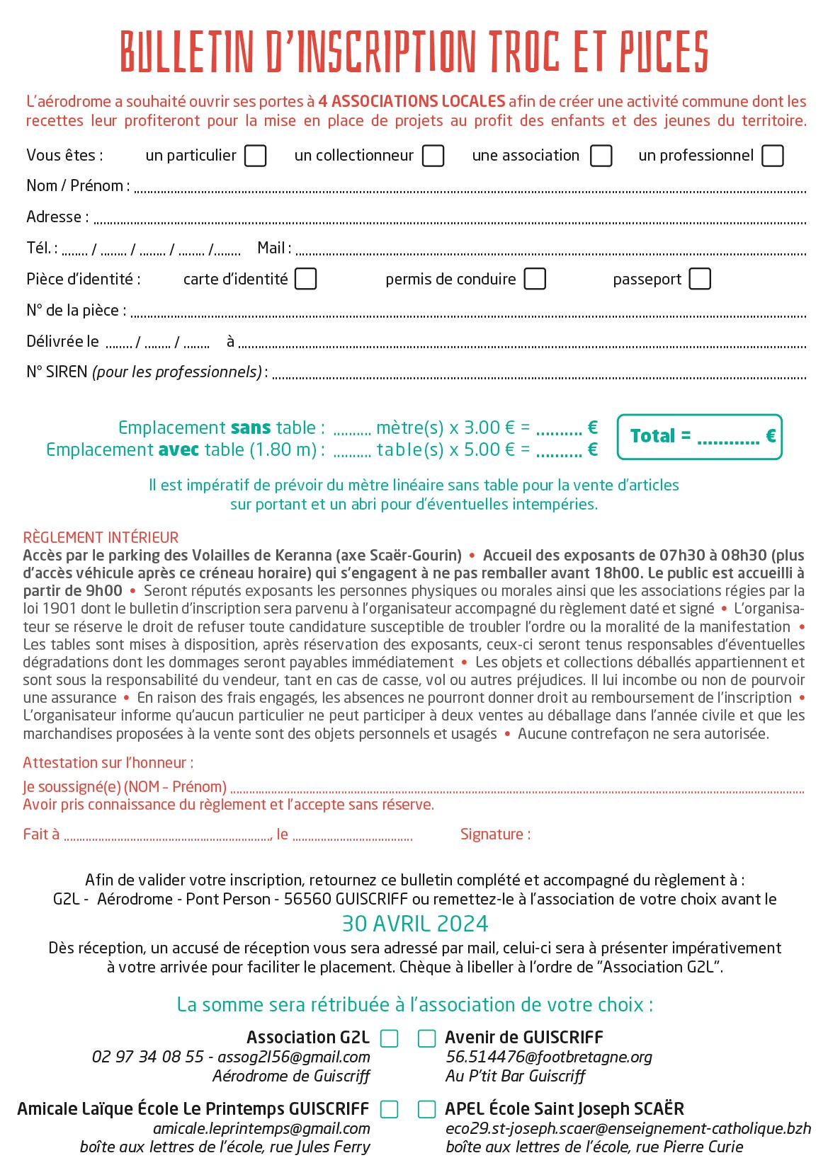 Bulletin d’inscription pour le Troc et Puces 2024 à l’Aérodrome Bretagne Atlantique de Guiscriff. Informations pour exposants et règlement intérieur.