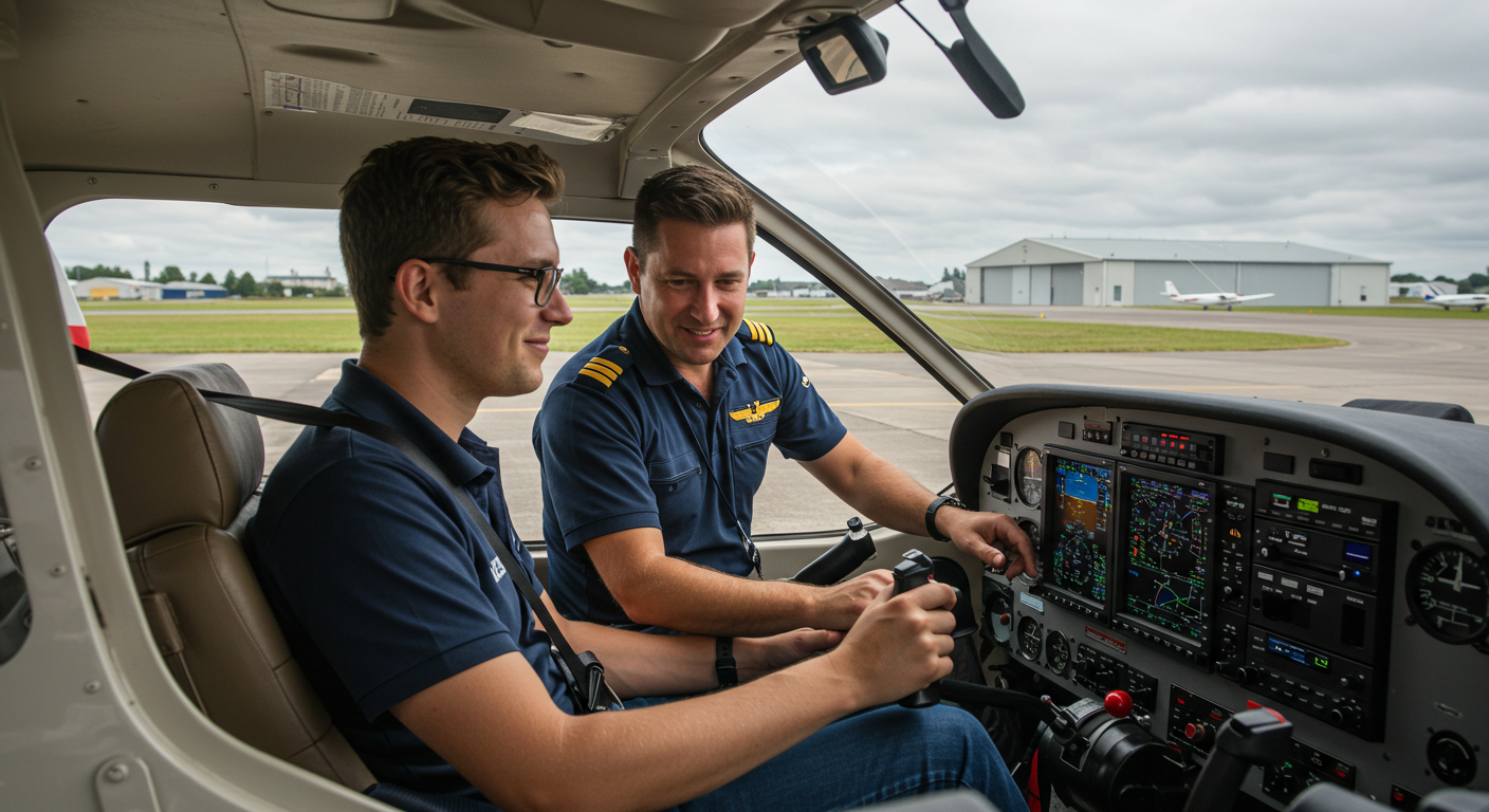 Un élève pilote aux commandes d’un avion léger, écoutant attentivement les instructions de son formateur en plein vol.