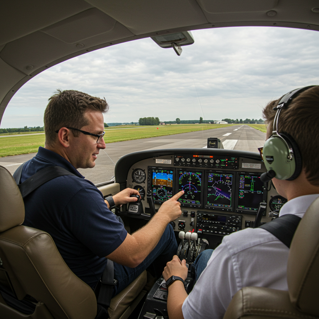 Un instructeur de vol enseignant à un élève-pilote dans un cockpit moderne à l'Aérodrome Bretagne Atlantique. Formation de pilotage en Bretagne.