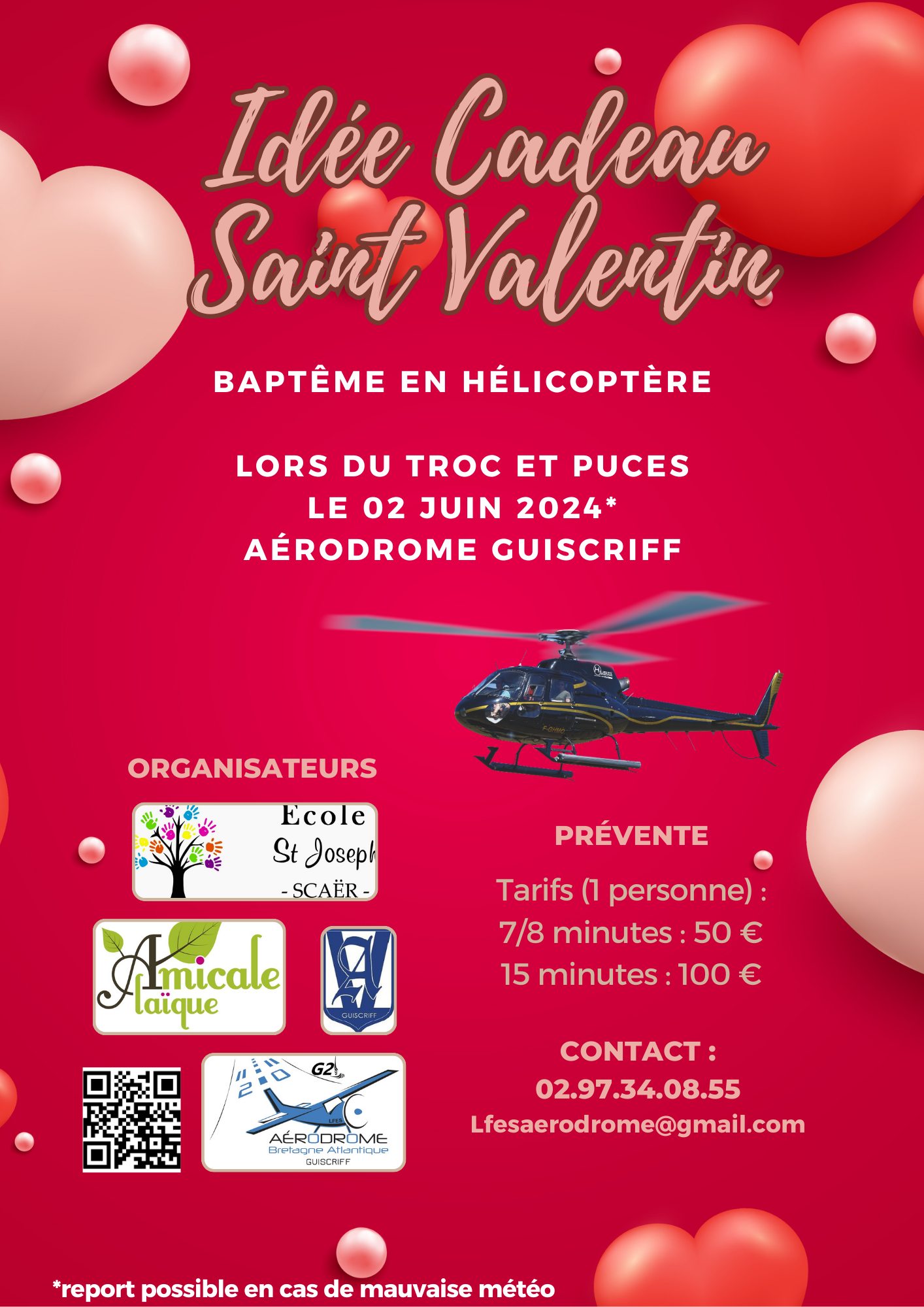 Affiche promotionnelle pour un baptême en hélicoptère à l’occasion de la Saint-Valentin, organisé à l’Aérodrome Bretagne Atlantique.