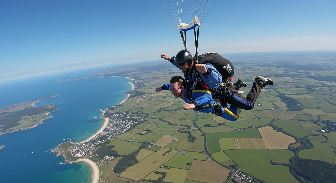 Un parachutiste effectuant un saut en tandem à 3500m, une des sensations fortes proposées dans les activités aériennes de l’Aérodrome Bretagne Atlantique.