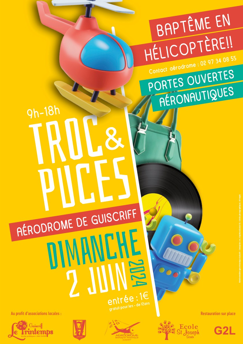 Affiche officielle du Troc et Puces 2024 à l’Aérodrome Bretagne Atlantique de Guiscriff, avec animations et baptêmes de l’air.