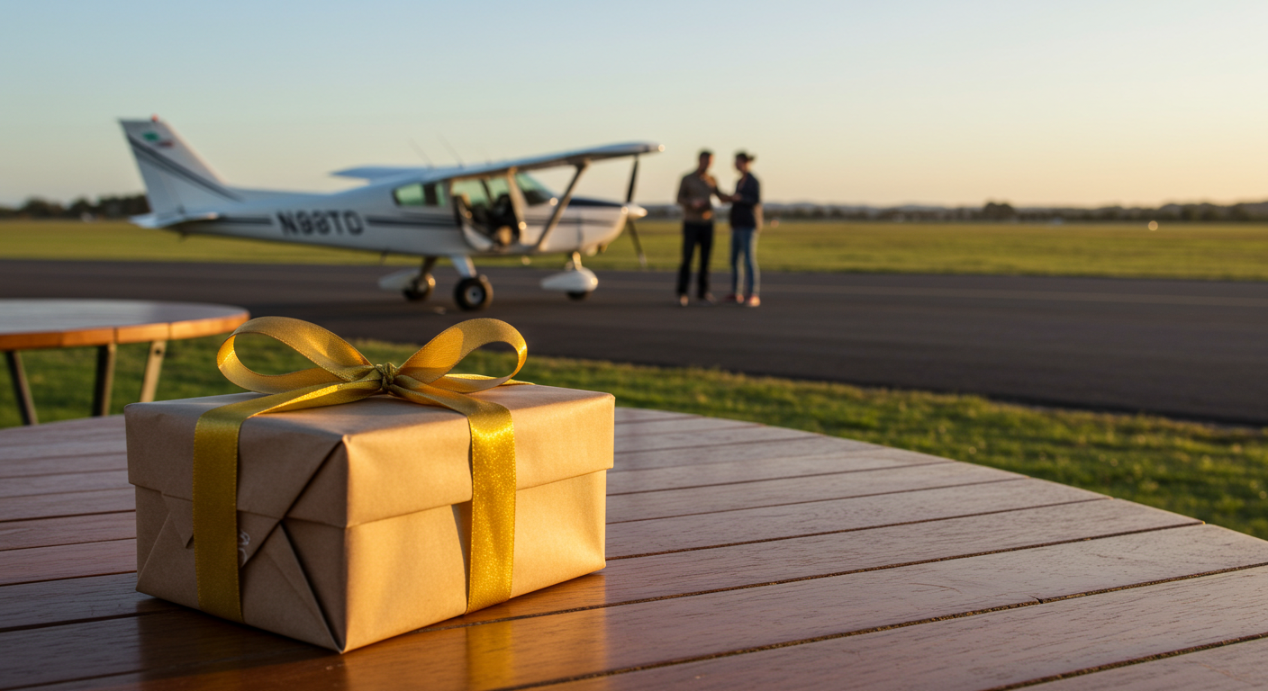 Un coffret cadeau posé sur une table avec en arrière-plan un avion prêt au décollage, symbole d’une expérience aérienne inoubliable.